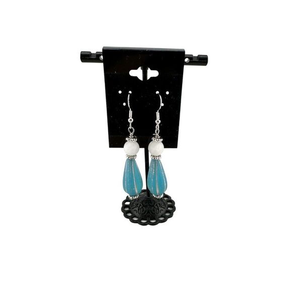 Blue Melon Teardrop & White Jade Earrings Czech Glass 925 Sterling Silver - Picture 4 of 10